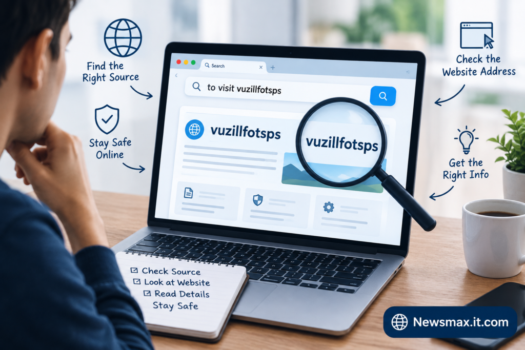 A person researching to visit vuzillfotsps on a laptop while checking the website source and online safety information, with Newsmax.it.com branding.
