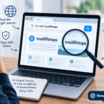 A person researching to visit vuzillfotsps on a laptop while checking the website source and online safety information, with Newsmax.it.com branding.