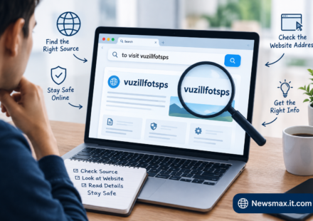 A person researching to visit vuzillfotsps on a laptop while checking the website source and online safety information, with Newsmax.it.com branding.