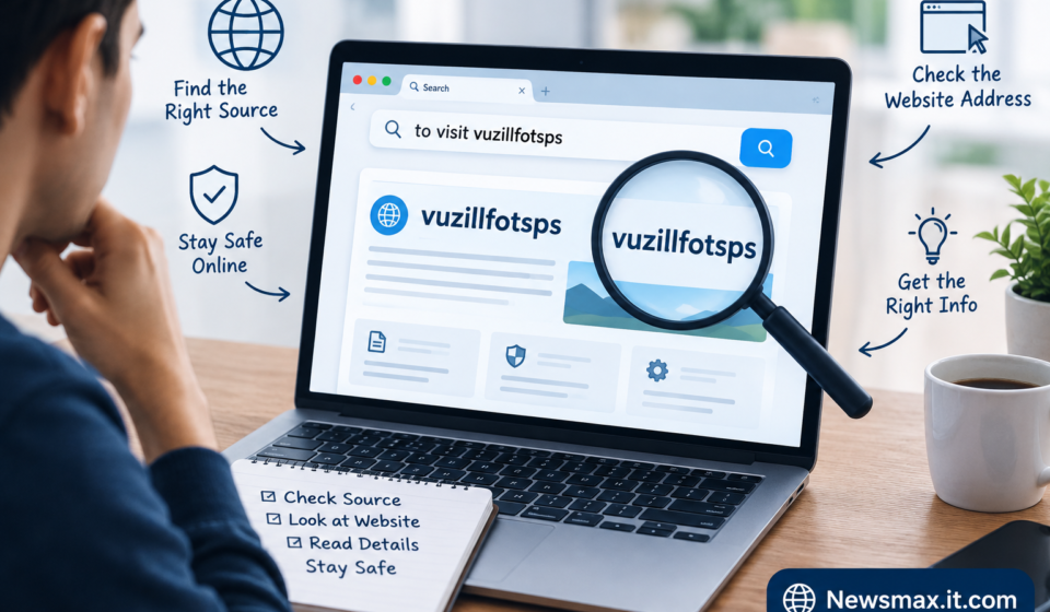 A person researching to visit vuzillfotsps on a laptop while checking the website source and online safety information, with Newsmax.it.com branding.