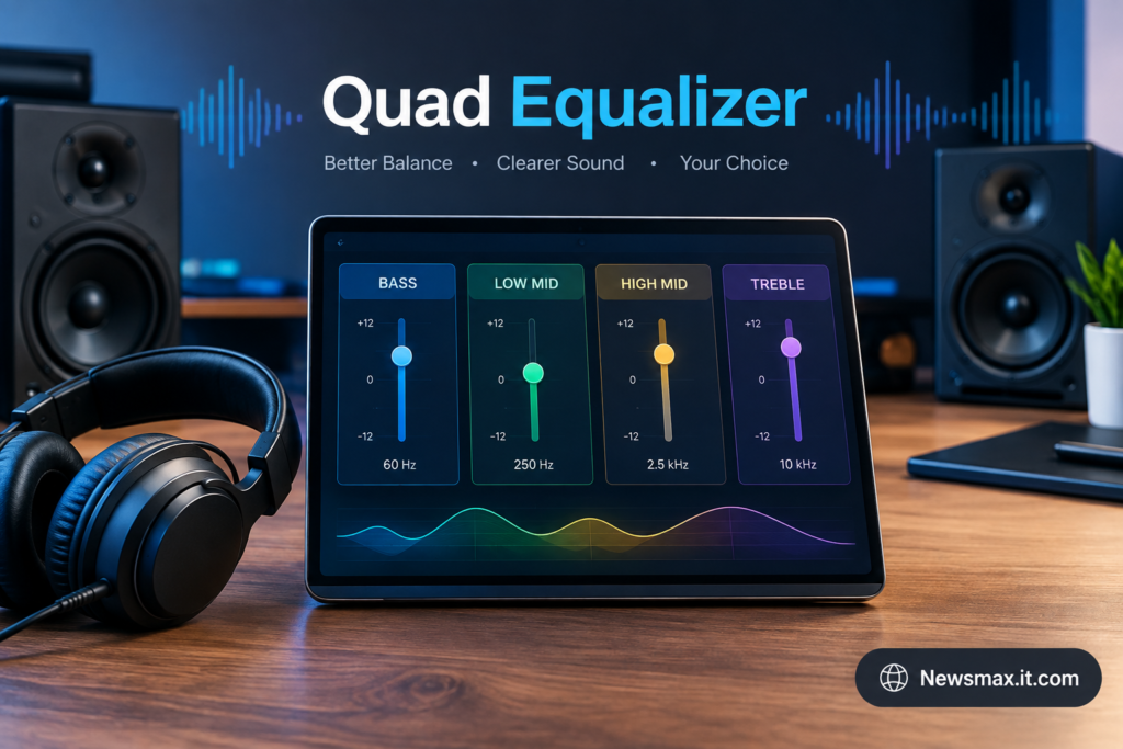 Modern quad equalizer with four-band audio controls for bass, mids, and treble adjustment.