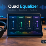 Modern quad equalizer with four-band audio controls for bass, mids, and treble adjustment.