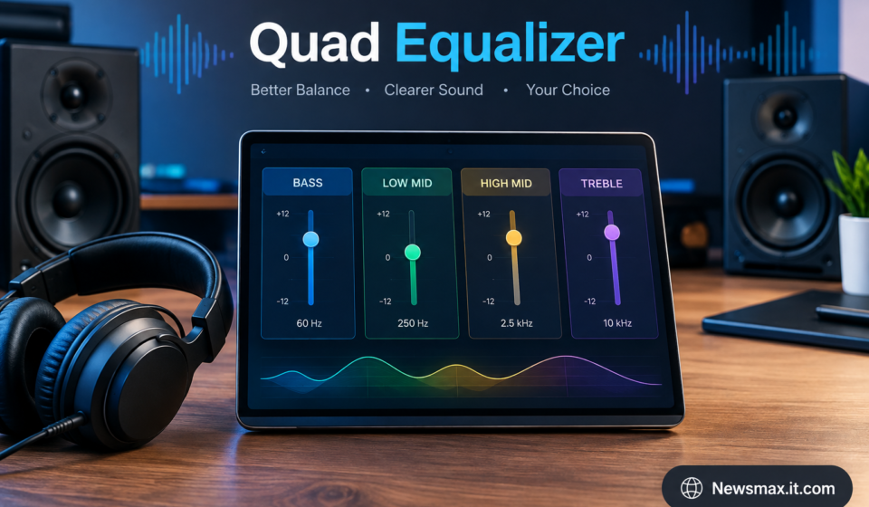 Modern quad equalizer with four-band audio controls for bass, mids, and treble adjustment.