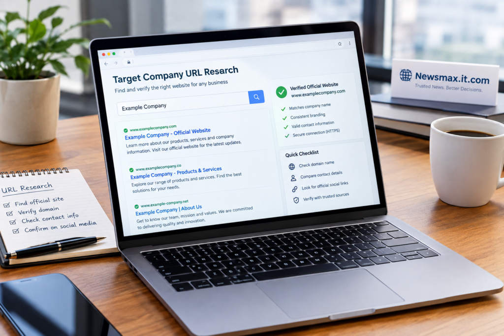 Target company URL research showing a business website verification and domain research process.