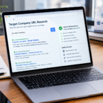 Target company URL research showing a business website verification and domain research process.