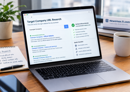 Target company URL research showing a business website verification and domain research process.