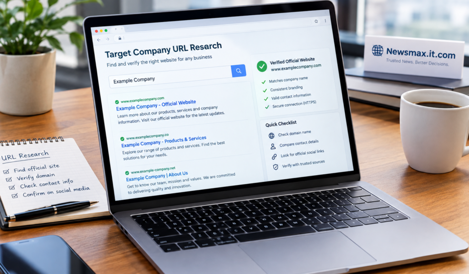 Target company URL research showing a business website verification and domain research process.