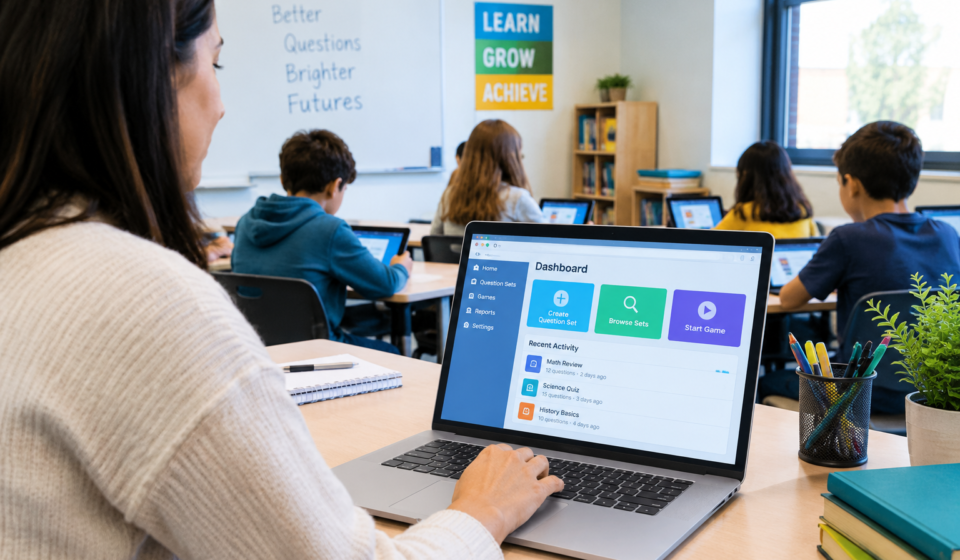 Blooket dashboard for managing educational question sets and interactive classroom games
